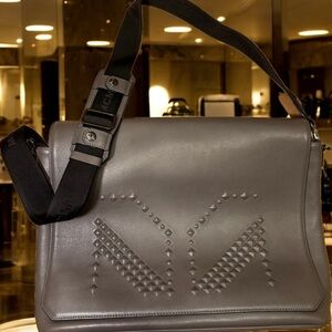 MCM Shoulder Messenger Bag in Maxi Monogram Leather Gray Unisex Travel Work